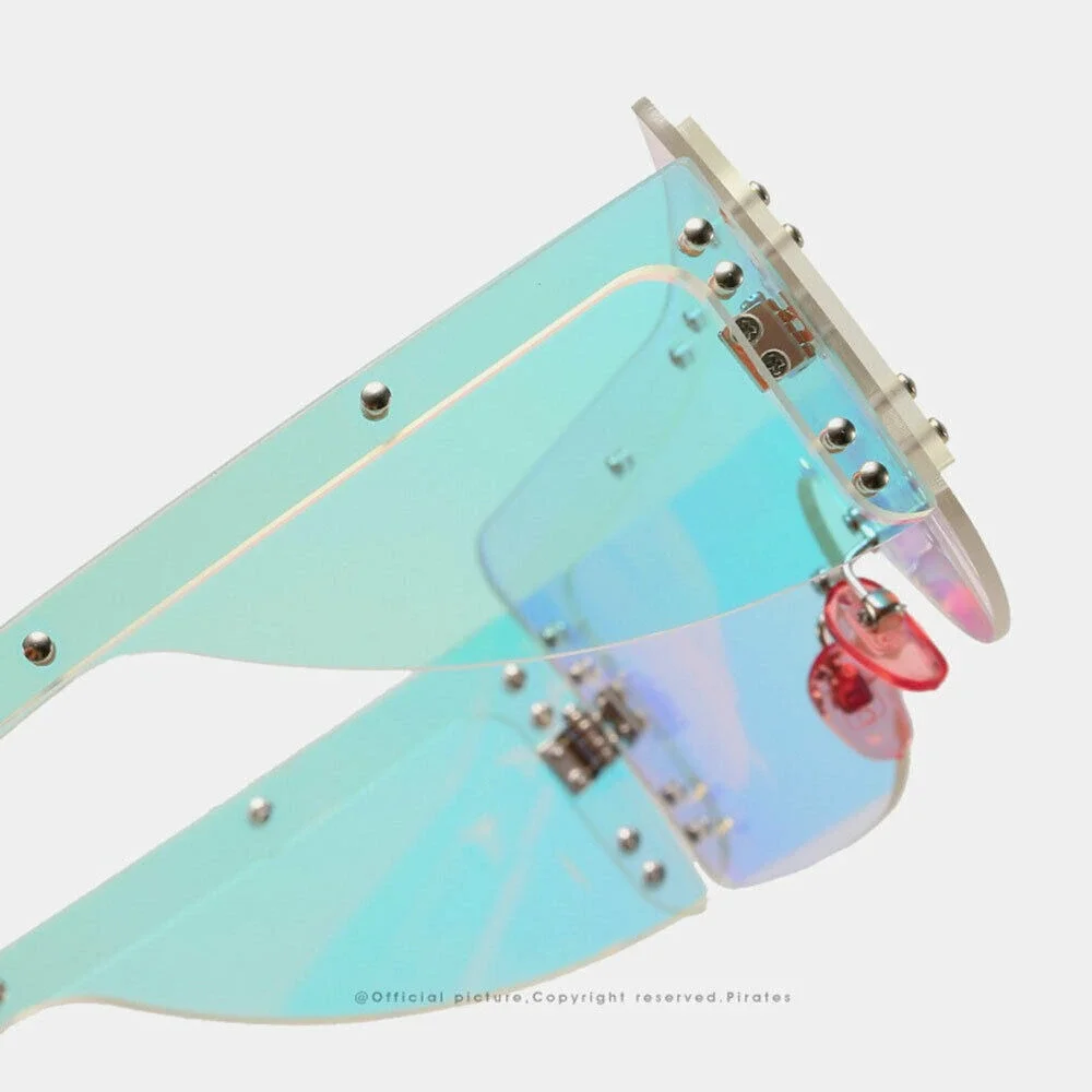 Shield Sunglasses Iridescent Lens Rivet Accents Fashion Futuristic‎ Women Lentes